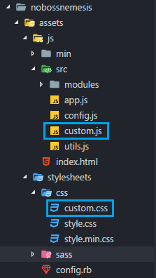 Localização dos arquivos custom CSS e JS