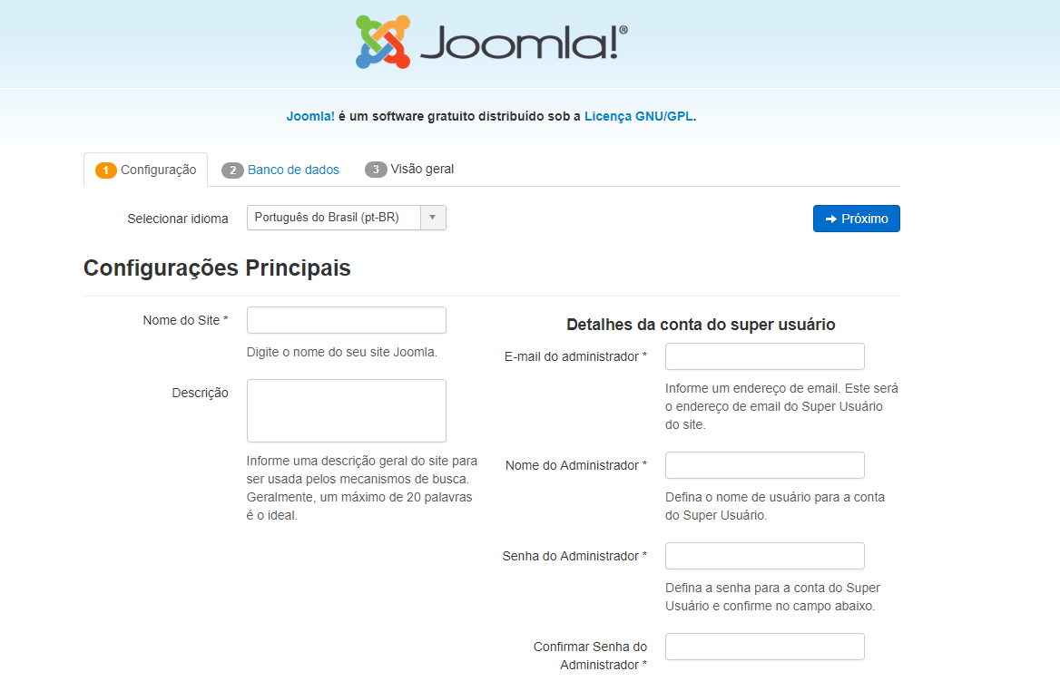 Página inicial da instalação Joomla
